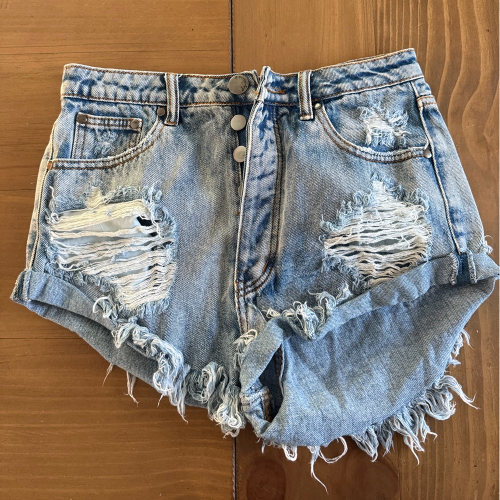 Signature8 Blue Distressed Jean Shorts with Raw Hem